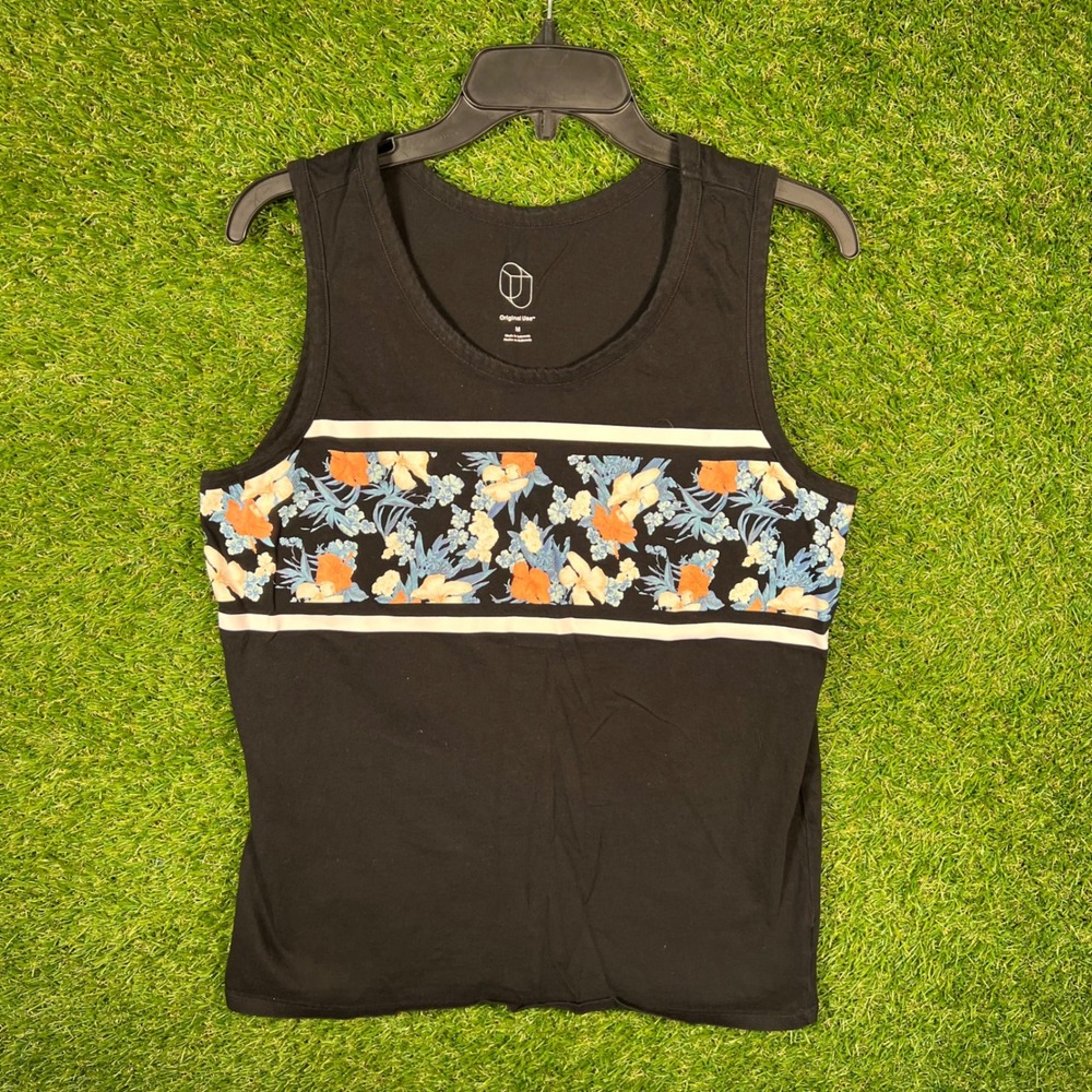 Original Use Mens Tank Top Medium Black Floral Stripe Sleeveless Shirt